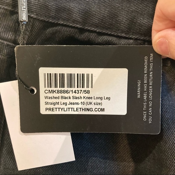PRETTY LITTLE THING Sz 6 Washed Black Slashed  Knee Long Straight Leg Jeans - Picture 8 of 14